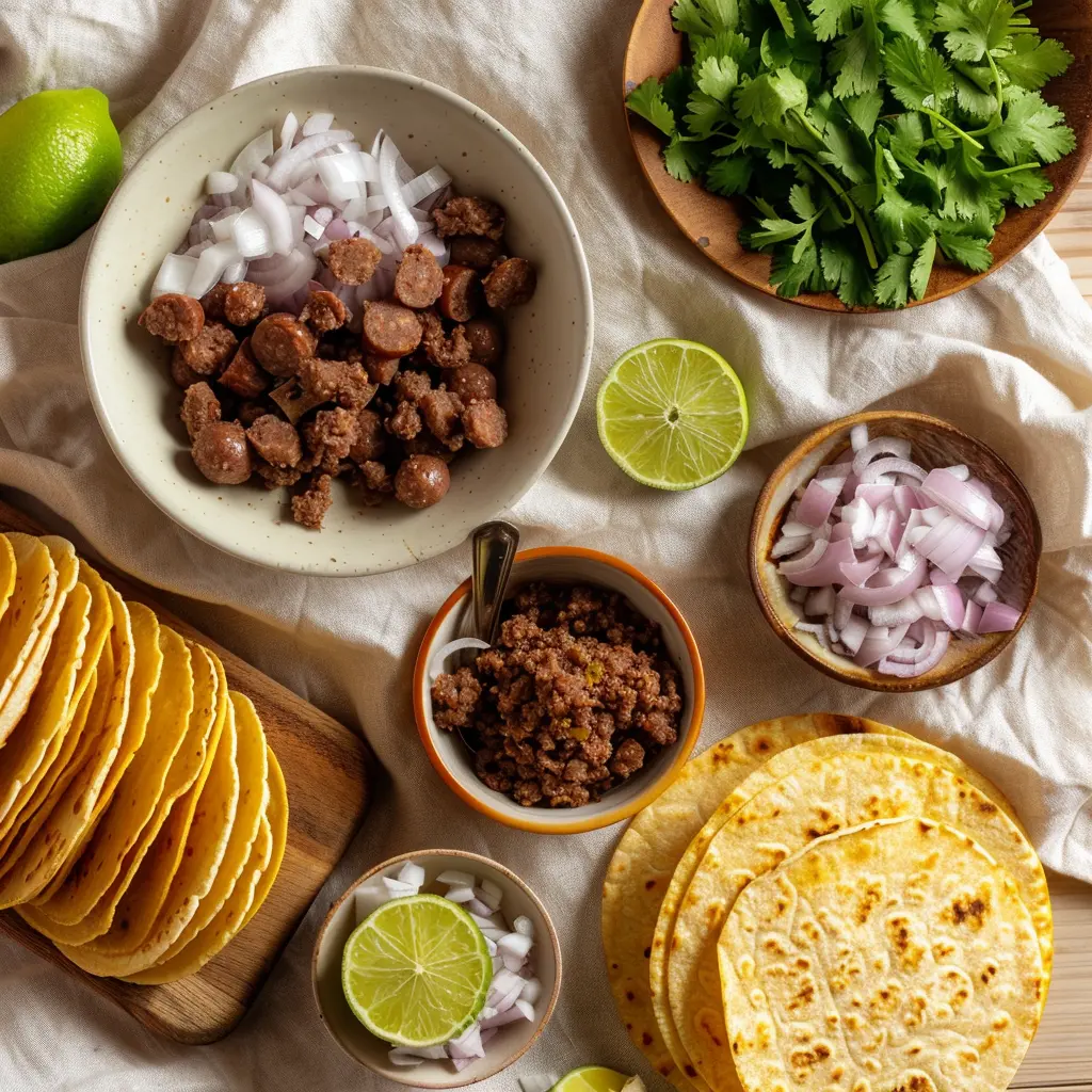 Flat lay of beef chorizo, corn tortillas, diced onion, chopped cilantro, limes, and chipotle.