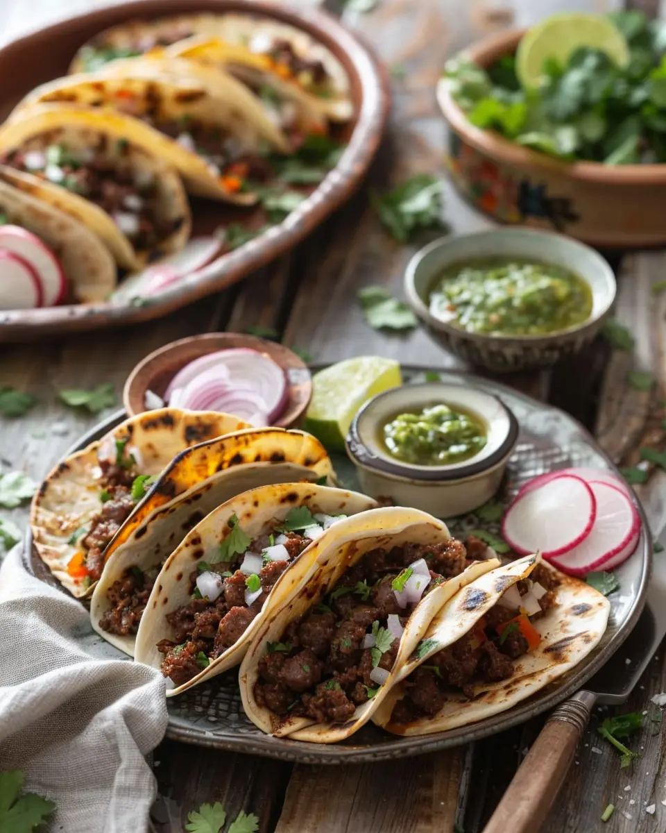 Platter of beef chorizo street tacos with bowls of onion, cilantro, lime wedges, and green salsa.