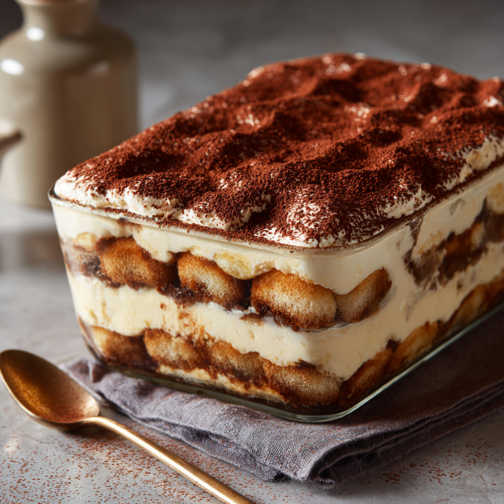 Classic Italian tiramisu in a glass dish topped with cocoa powder
