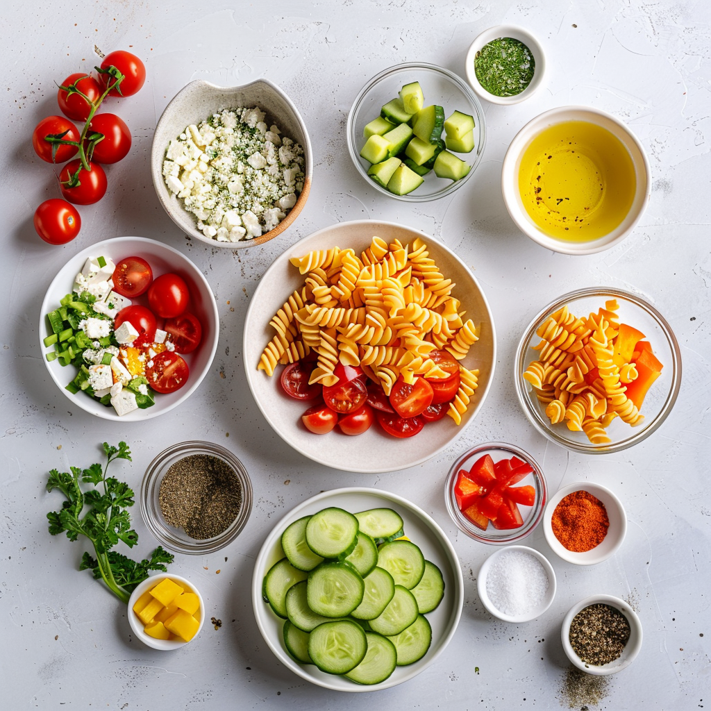 Step-by-step mixing of colorful pasta salad recipe in a glass bowl