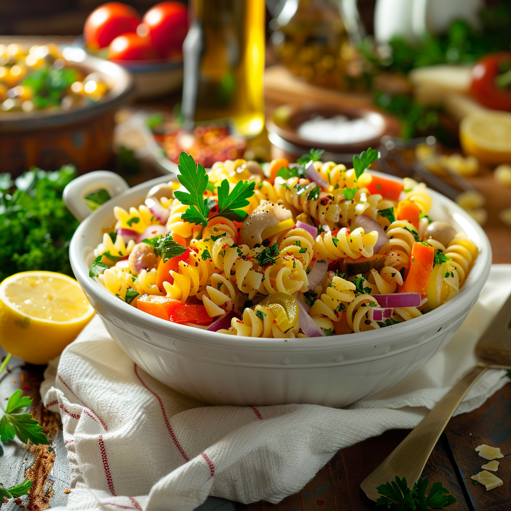 Served Colorful Pasta Salad in Bowl
