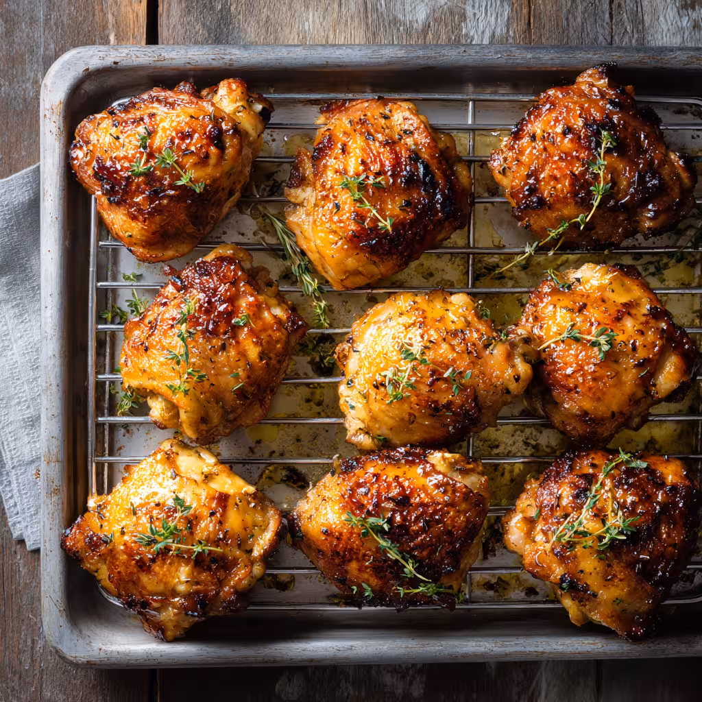 Crispy baked chicken thighs on a wire rack