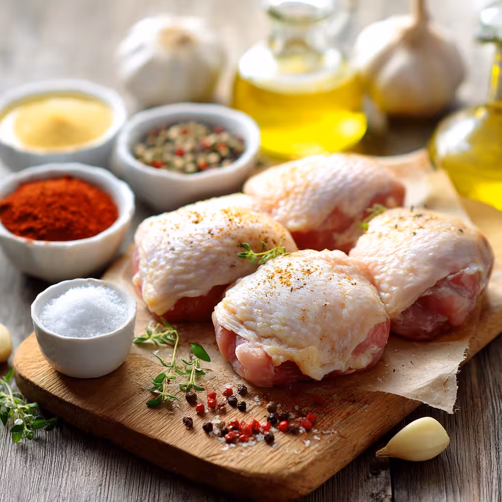 Ingredients for crispy baked chicken thighs on cutting board