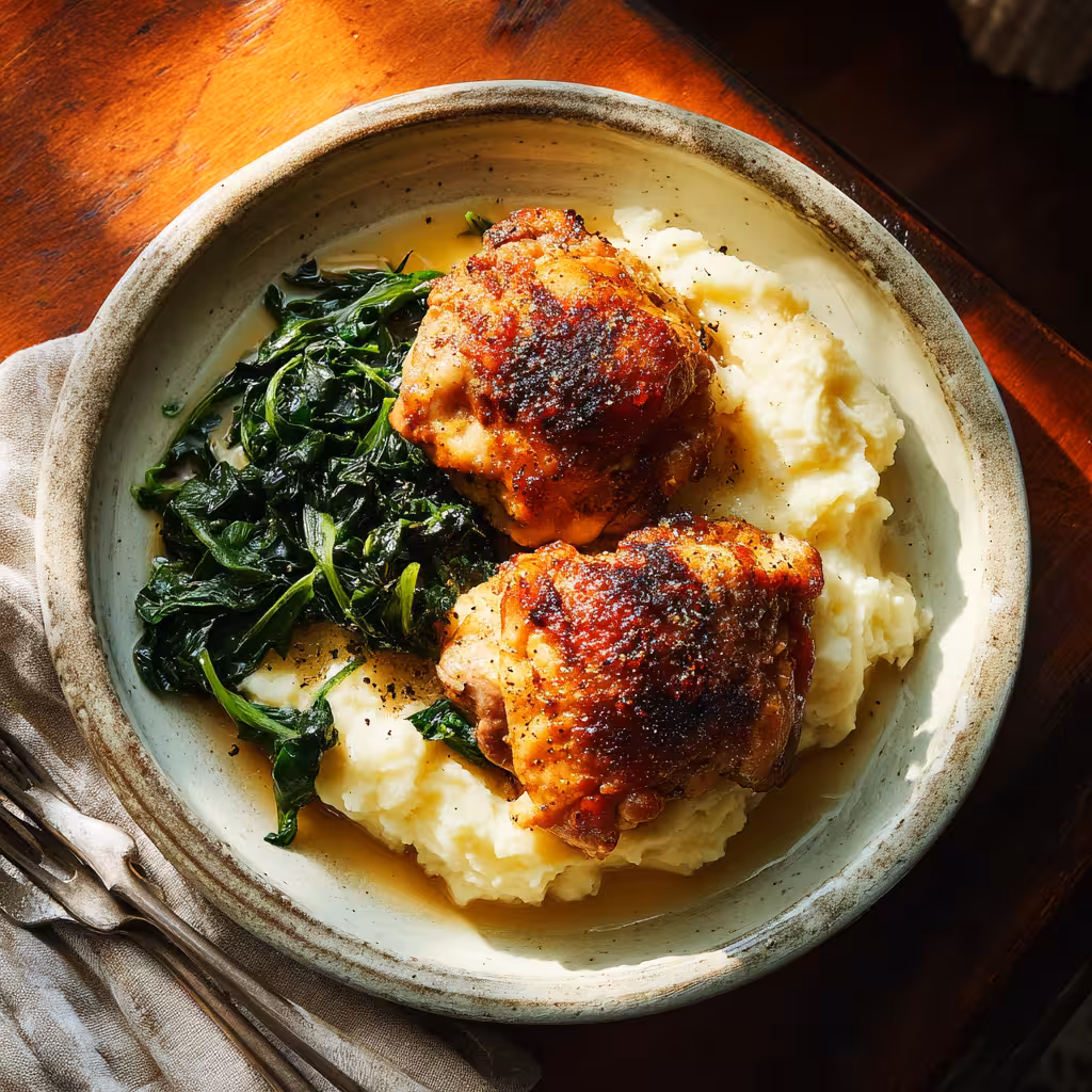 Crispy baked chicken thighs served with mashed potatoes and greens