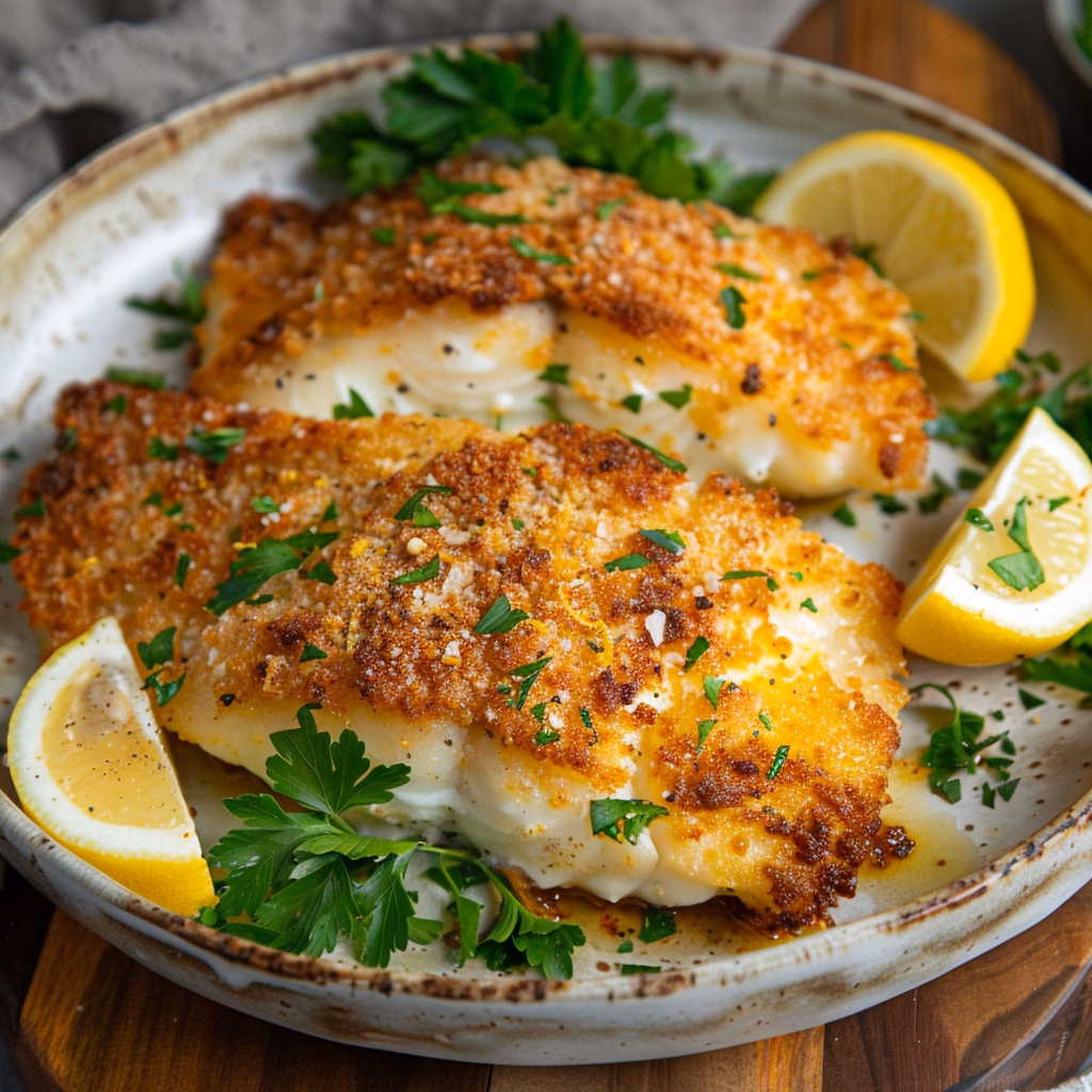 Crispy baked walleye recipe on a ceramic plate