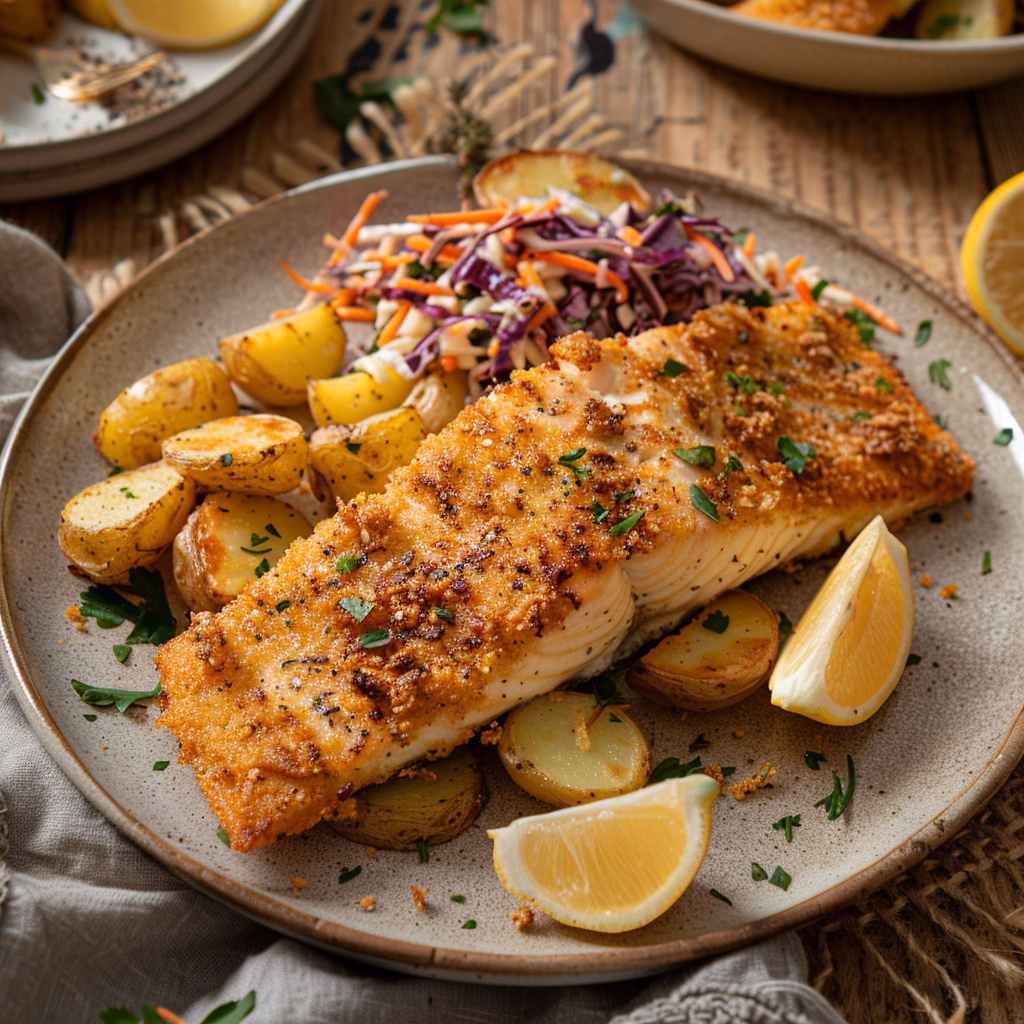 Crispy baked walleye served with sides