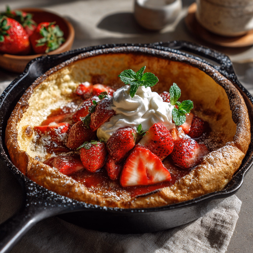 Dutch baby pancake with berries and whipped cream