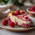 Slice of easy keto raspberry cheesecake with raspberry swirl