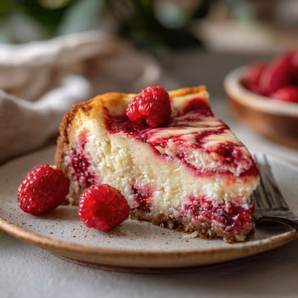 Slice of easy keto raspberry cheesecake with raspberry swirl