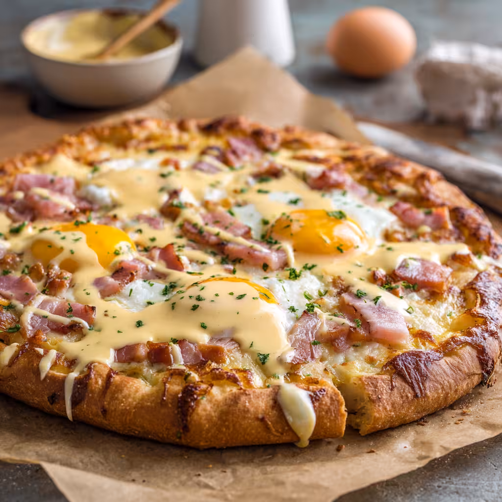 Eggs Benedict Breakfast Pizza with poached eggs and Hollandaise