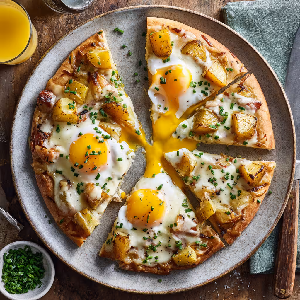 Sliced Eggs Benedict Breakfast Pizza with poached egg yolk