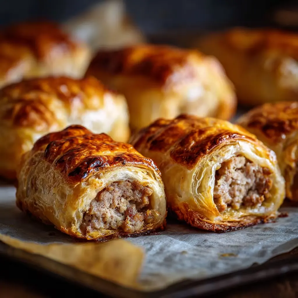 Served English sausage rolls with mustard on ceramic plate