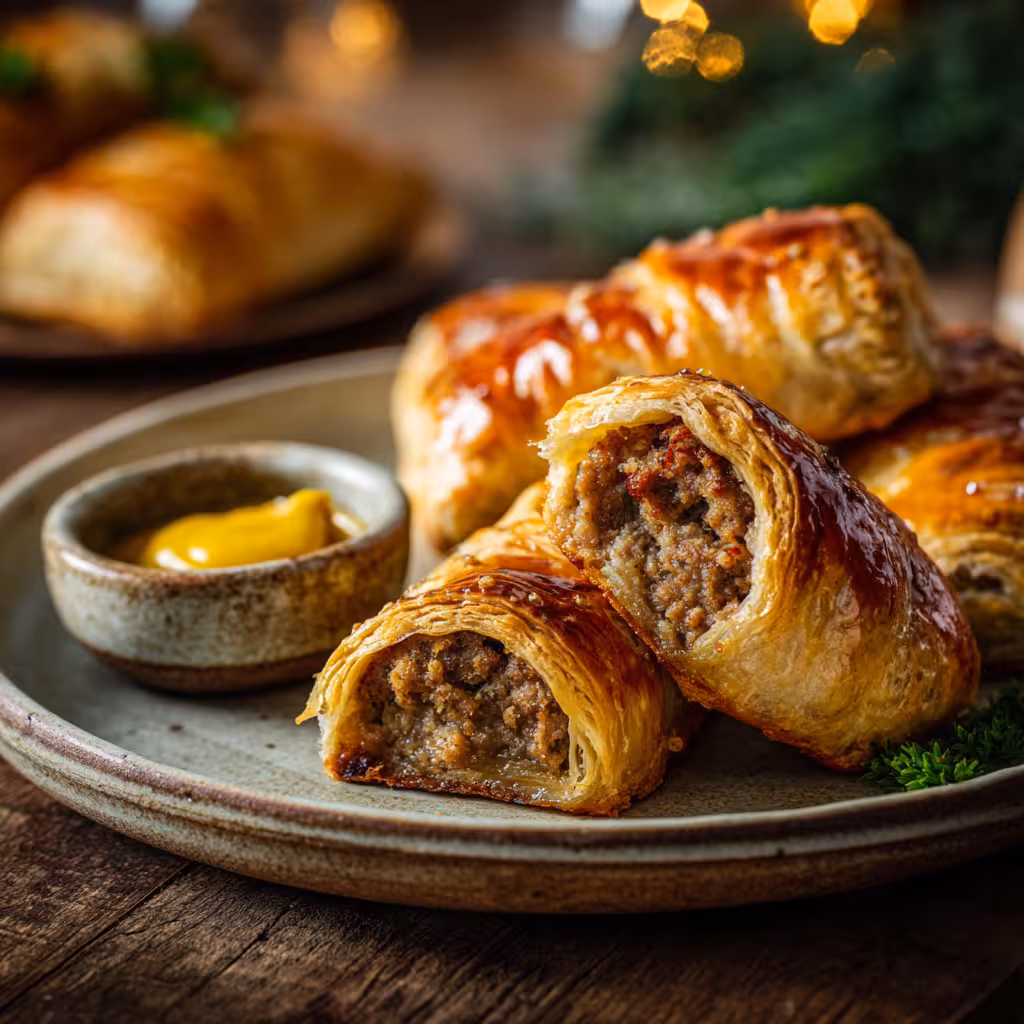 Golden English sausage rolls baked on tray with flaky pastry