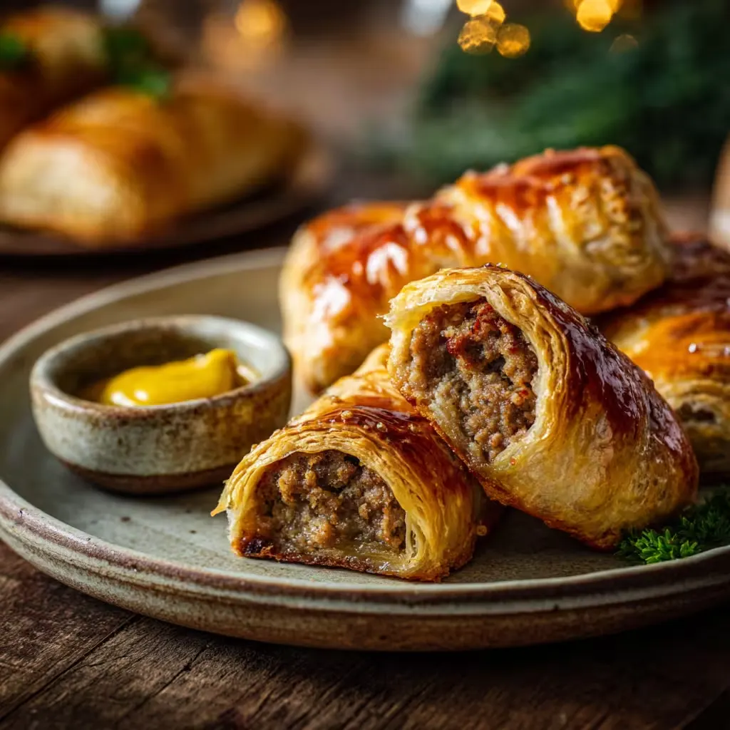 Golden English sausage rolls baked on tray with flaky pastry