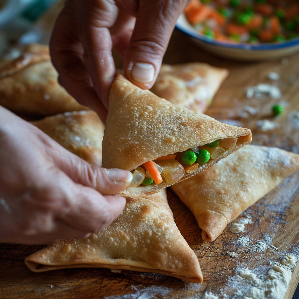 Close-up of folding a samosa with whole wheat dough and stuffing, hands in frame, bright kitchen setting