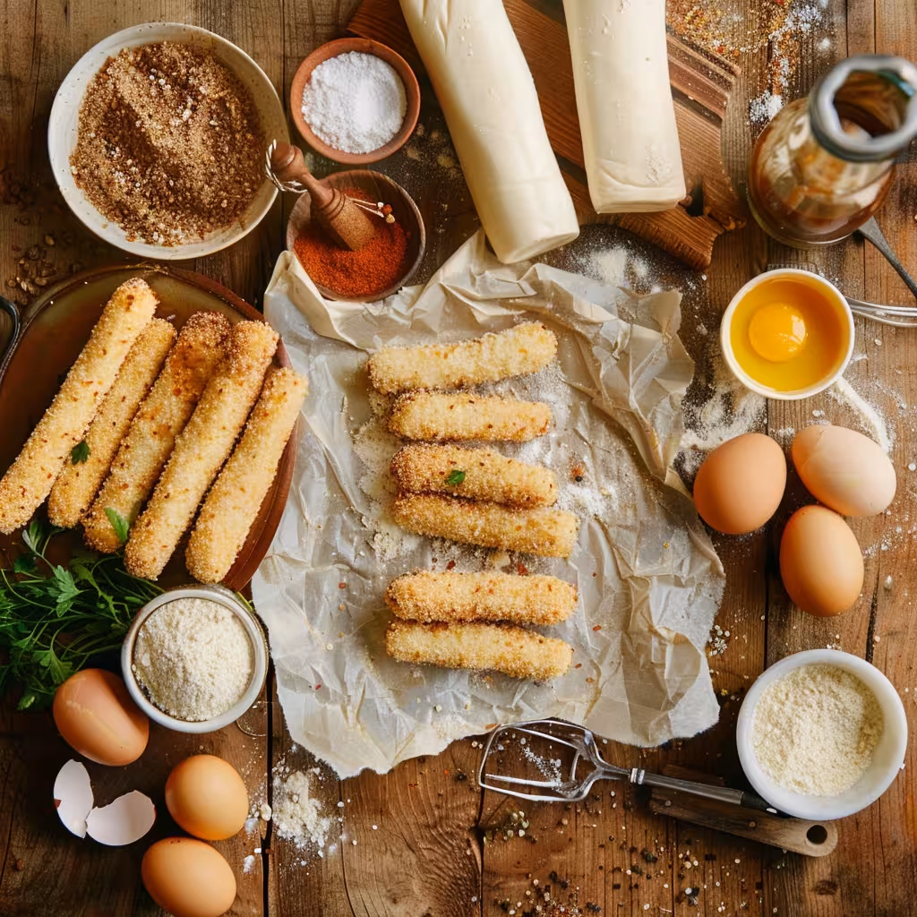 Ingredients for fried mozzarella cheese sticks on counter