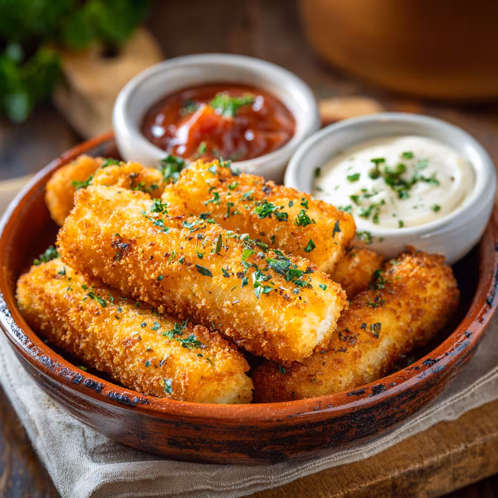 Fried mozzarella sticks with ranch and marinara