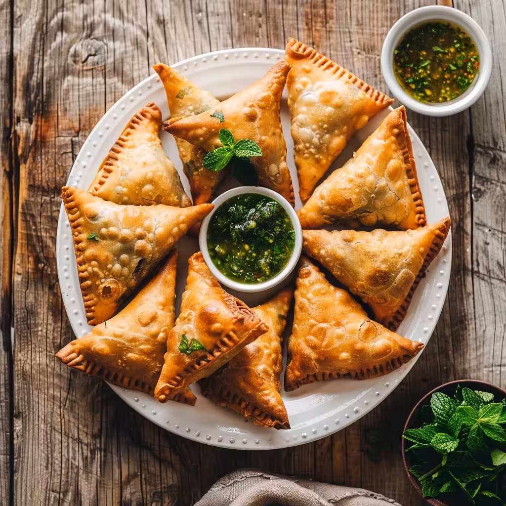 Baked healthy vegetable samosas with chutney