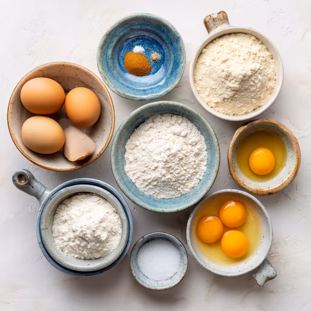 Ingredients for homemade egg bagels in ceramic bowls