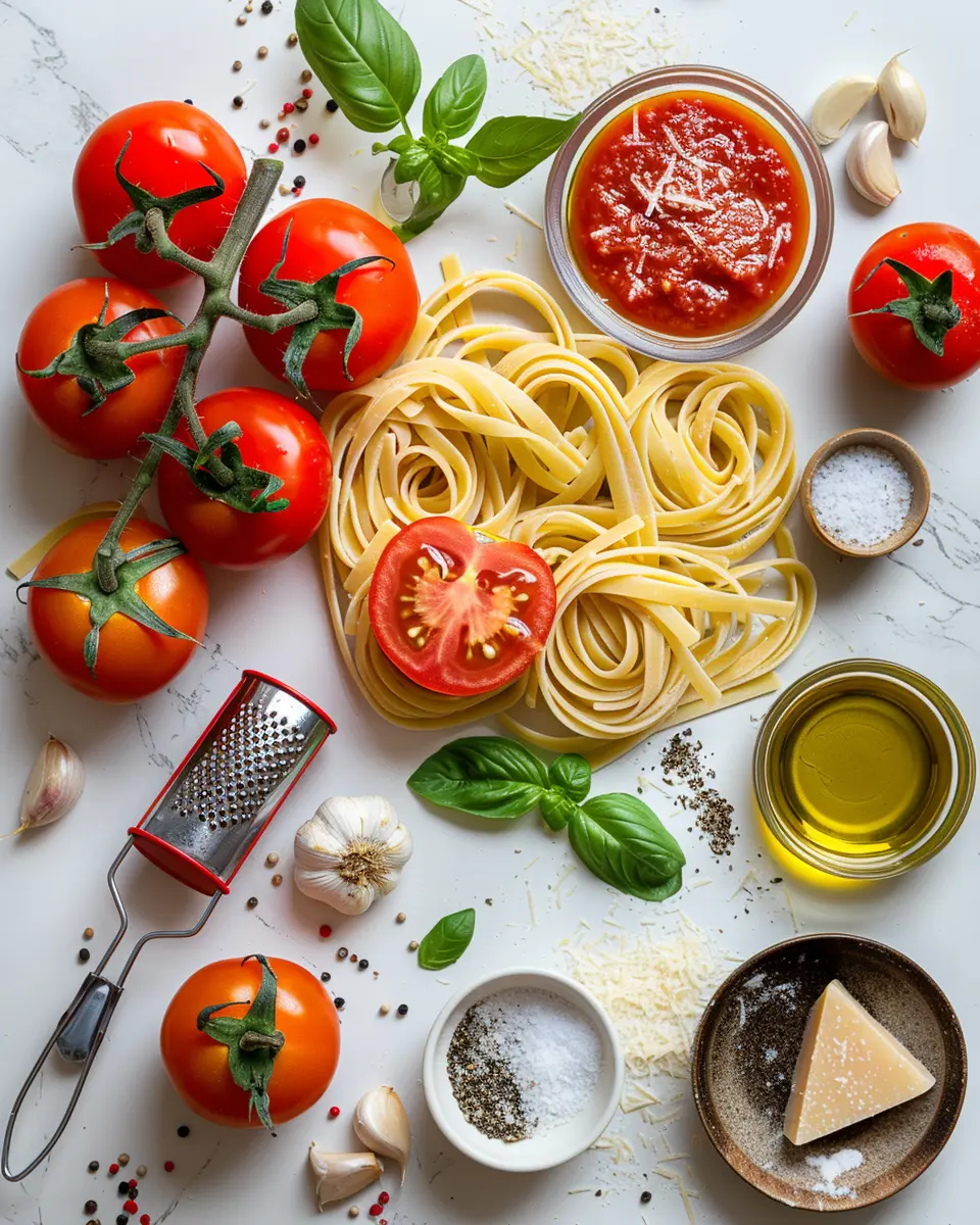 Flat lay of ingredients for Tomato and Garlic Pasta: fresh tomatoes, angel hair, garlic, basil, olive oil, Parmesan.