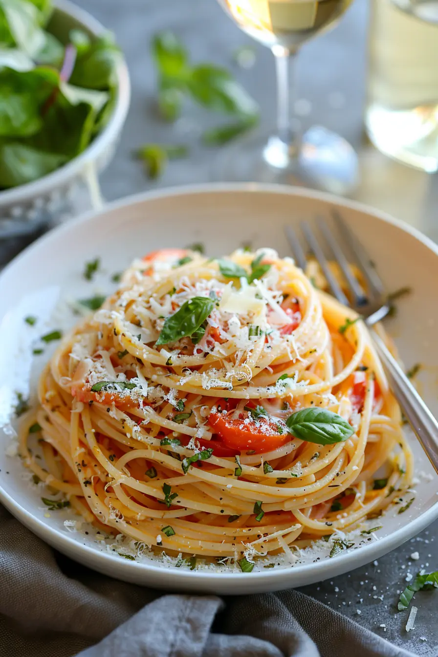 Bowl of Tomato and Garlic Pasta twirled high, topped with basil and Parmesan, with salad and white wine.