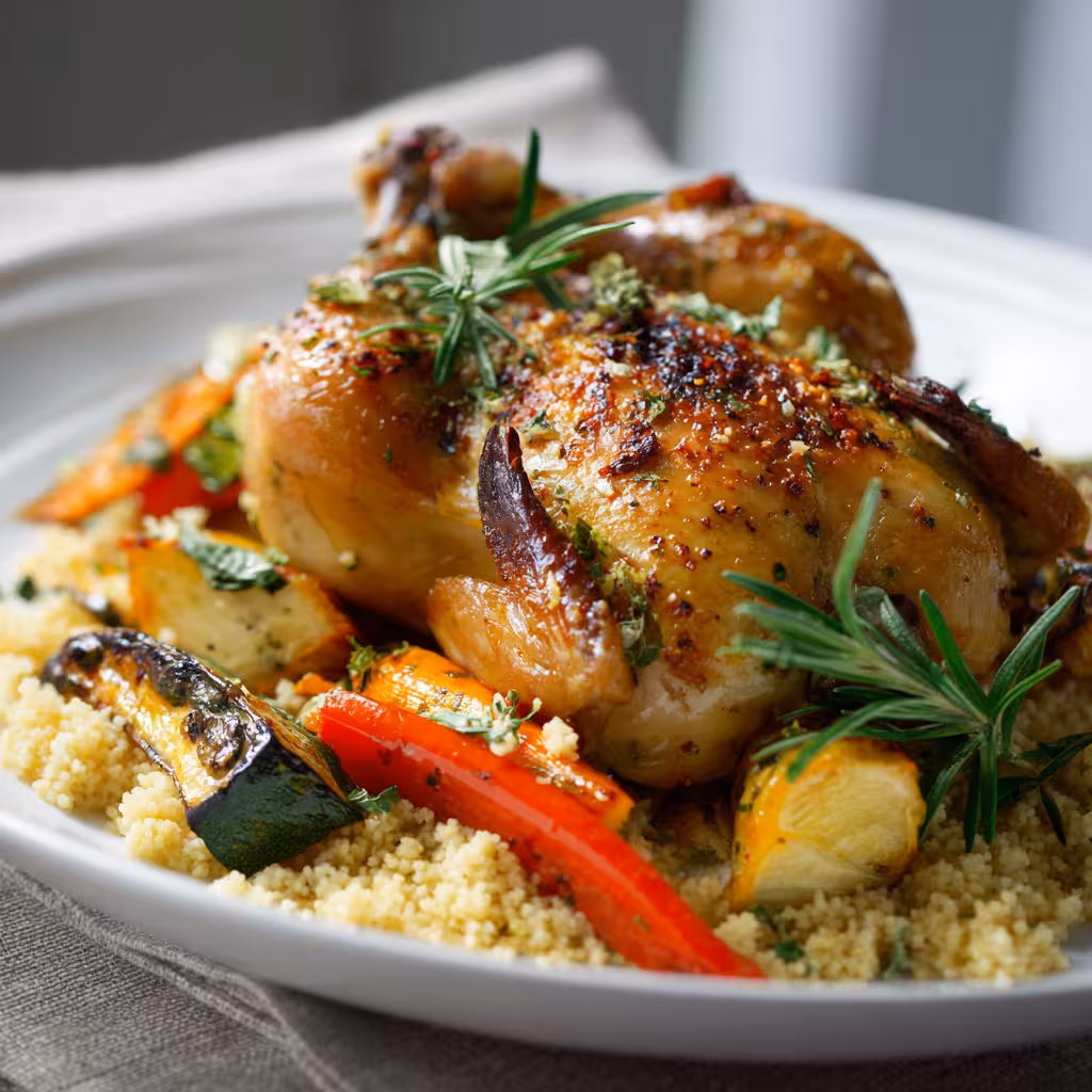 Plated Cornish hen with couscous and veggies