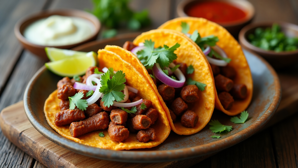 Close-up of chorizo tacos on corn tortillas with cilantro, onions, and lime slices