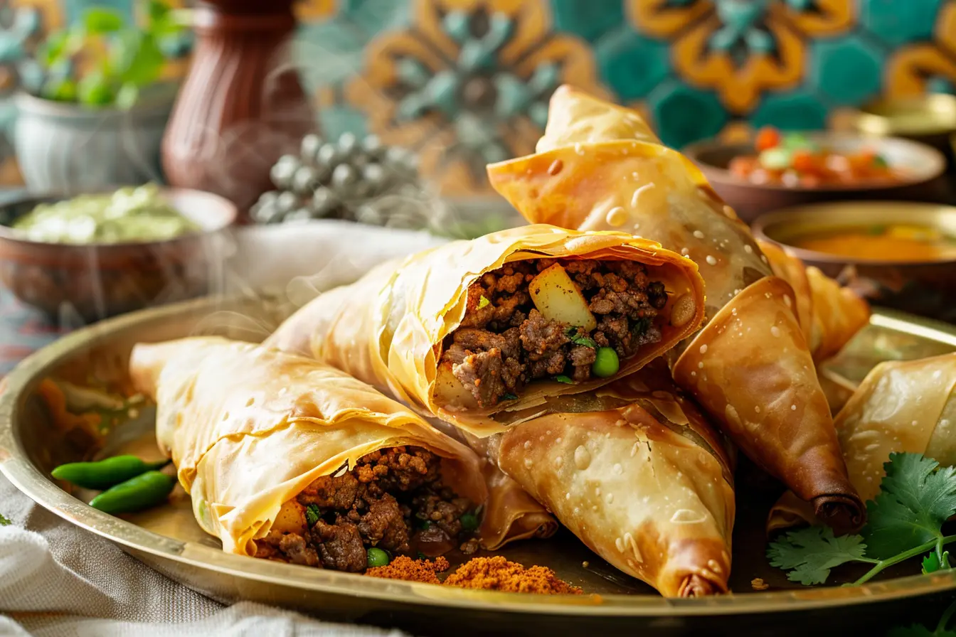 CrispyBeef Samosas Recipe on a brass tray with mint chutney and tamarind sauce, one samosa cut open