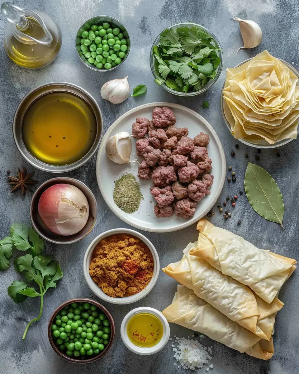 Flat lay Beef Samosas Recipe ingredients: ground beef, potatoes, peas, onions, spices, cilantro, phyllo dough