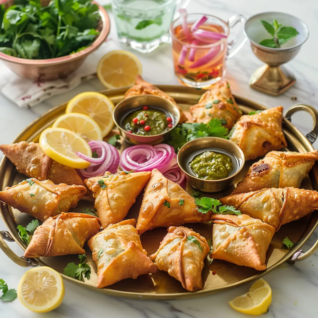 Beef Samosas Recipe arranged on a brass platter with lemon wedges, mint chutney, and mint tea in the background