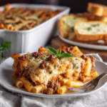 A hearty serving of baked ziti with sausage on a plate, with melted cheese and basil on top.