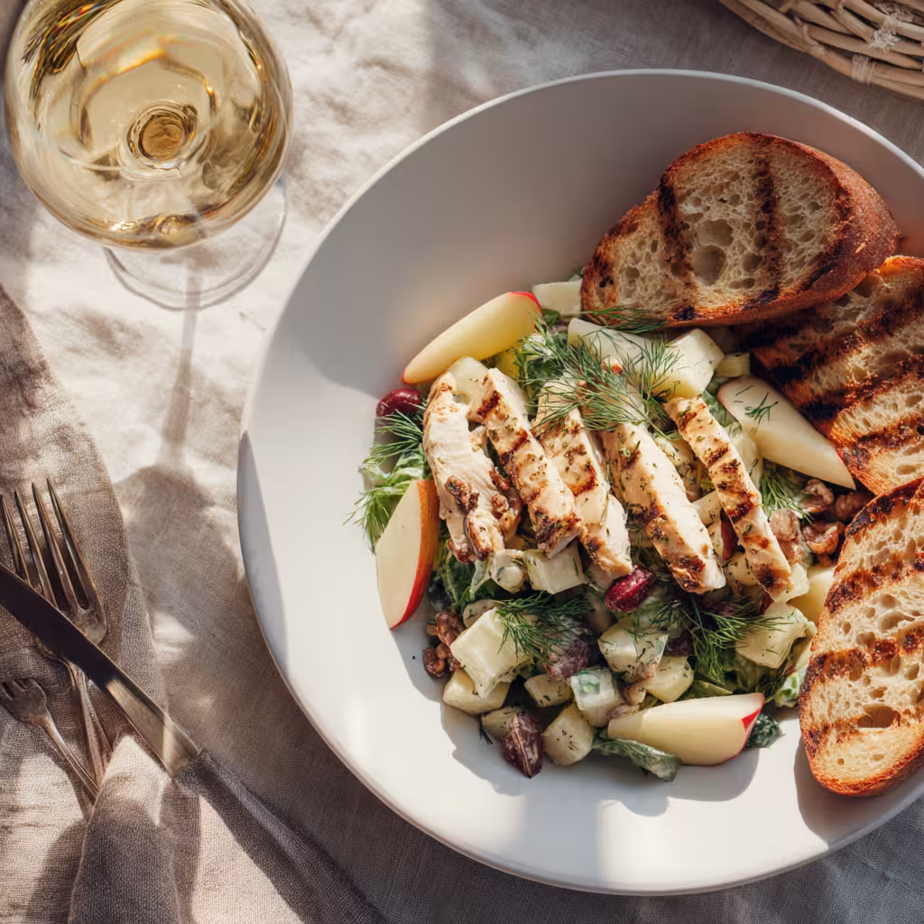 Served Classic Waldorf Salad with chicken and baguette