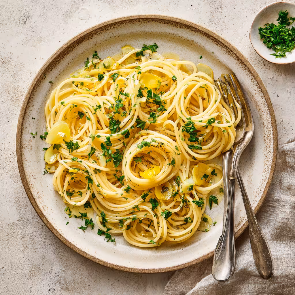 Spaghetti aglio e olio on ceramic plate with garlic and parsley