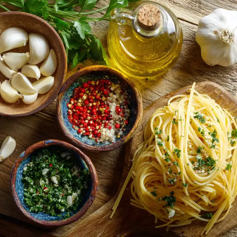 Ingredients for spaghetti aglio e olio recipe displayed on wooden board