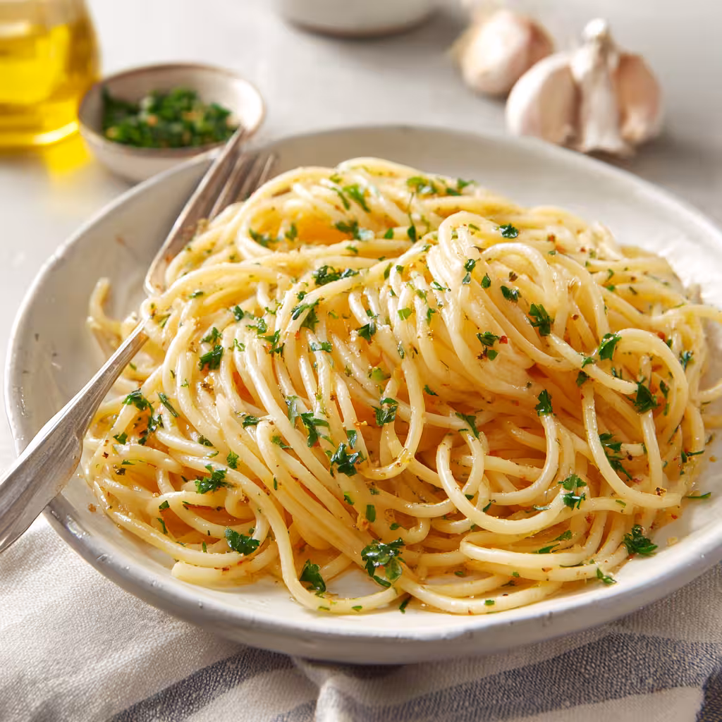 Ingredients for spaghetti aglio e olio recipe displayed on wooden board