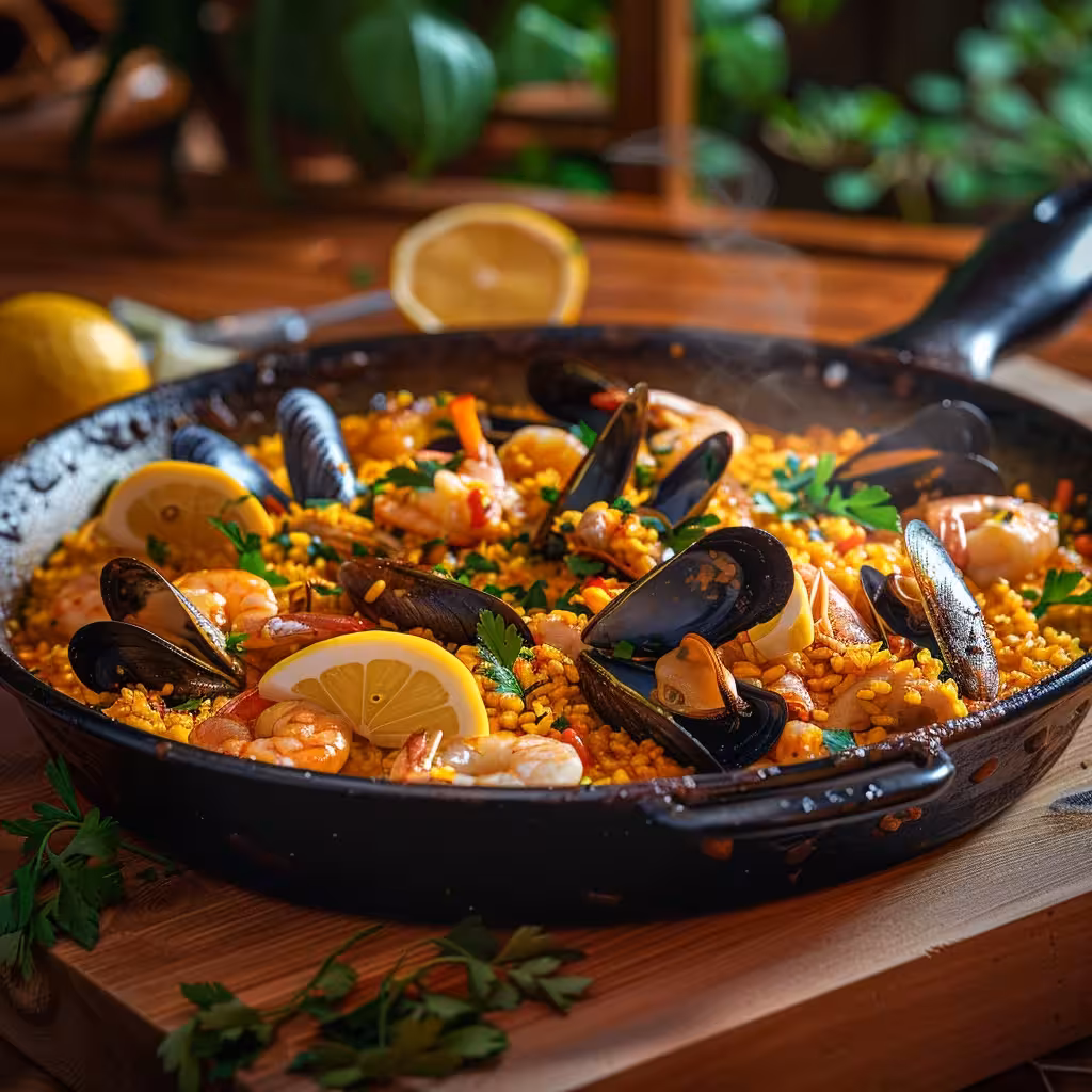 Traditional Spanish paella served in a rustic pan