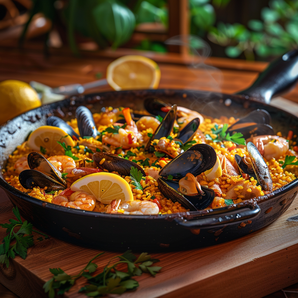 Traditional Spanish paella served in a rustic pan