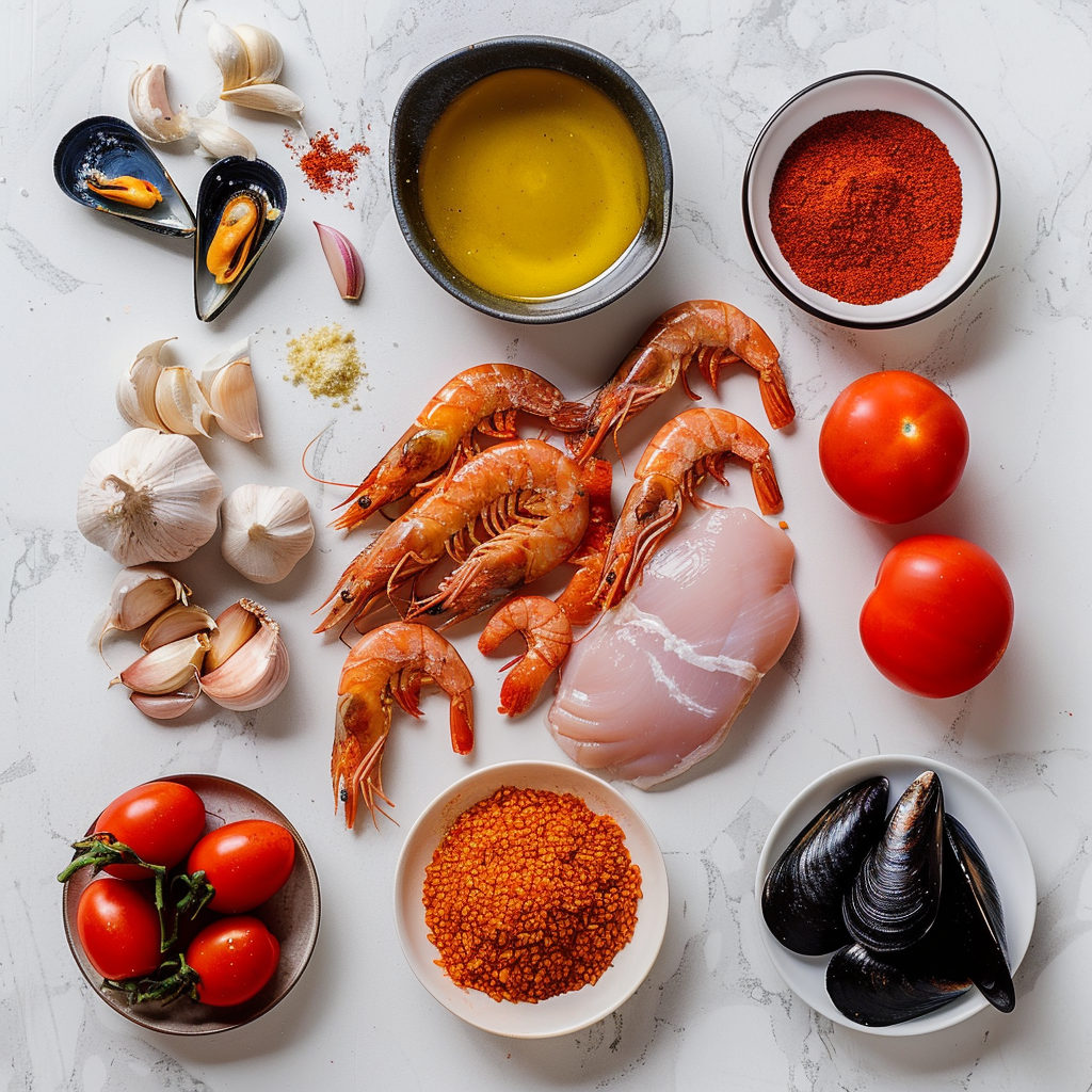 Spanish paella ingredients on kitchen counter
