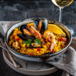 Plated Spanish paella with seafood and lemon