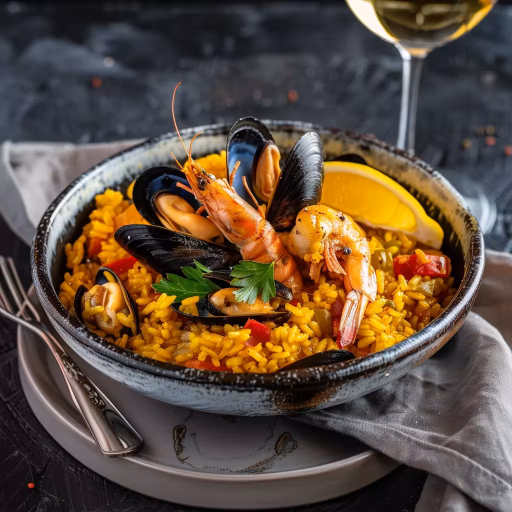 Plated Spanish paella with seafood and lemon