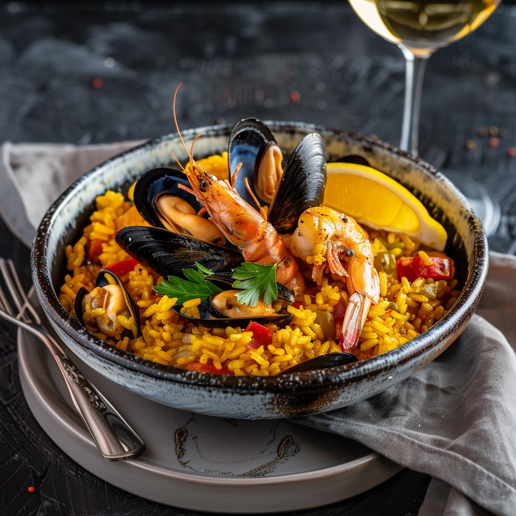 Plated Spanish paella with seafood and lemon