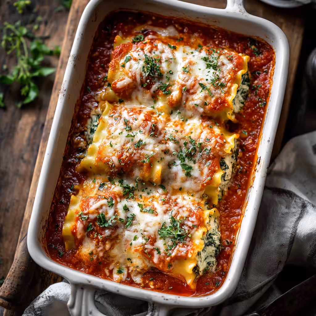 Baked spinach lasagna rolls with marinara and melted cheese
