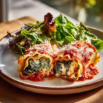 Spinach lasagna rolls served with salad on ceramic plate