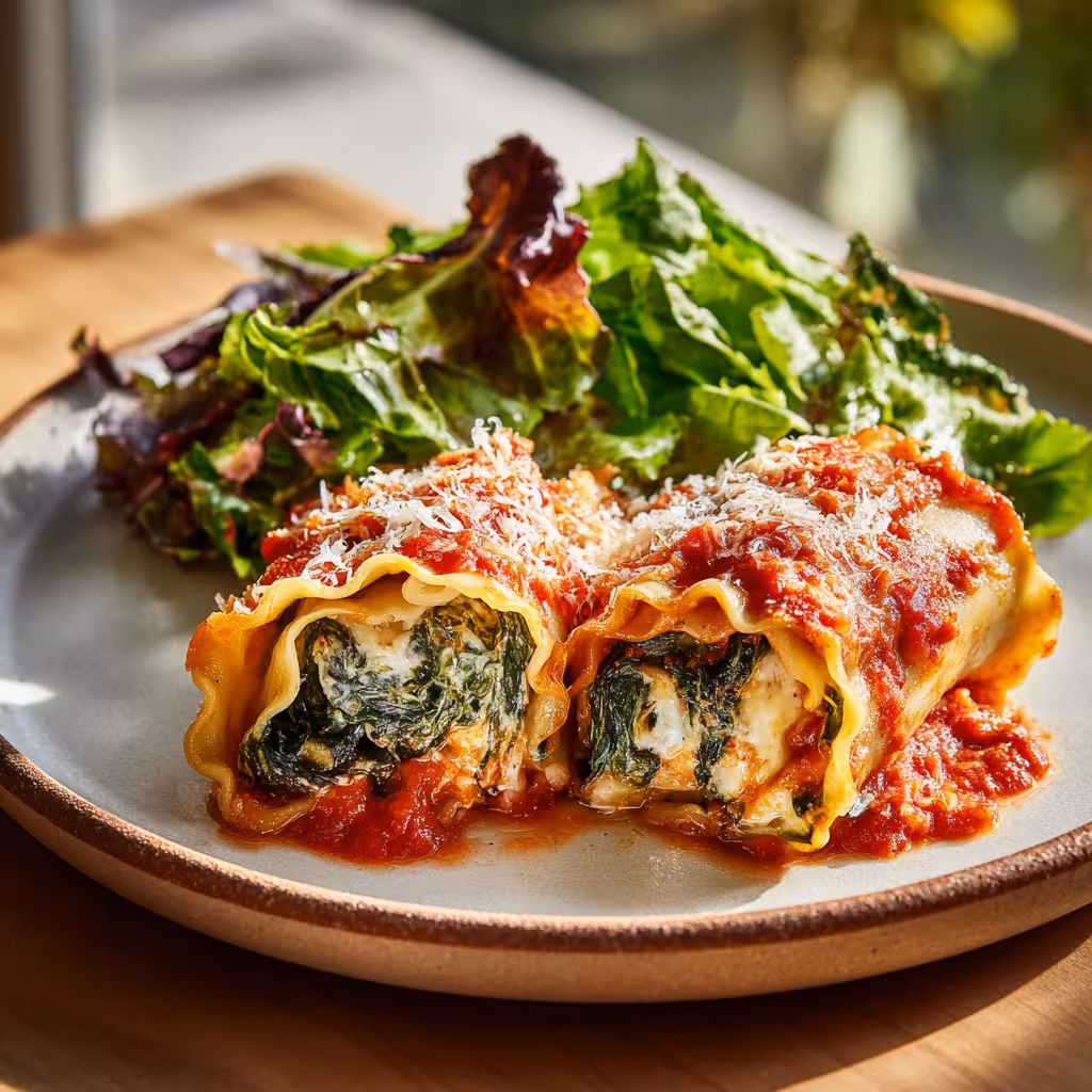 Spinach lasagna rolls served with salad on ceramic plate