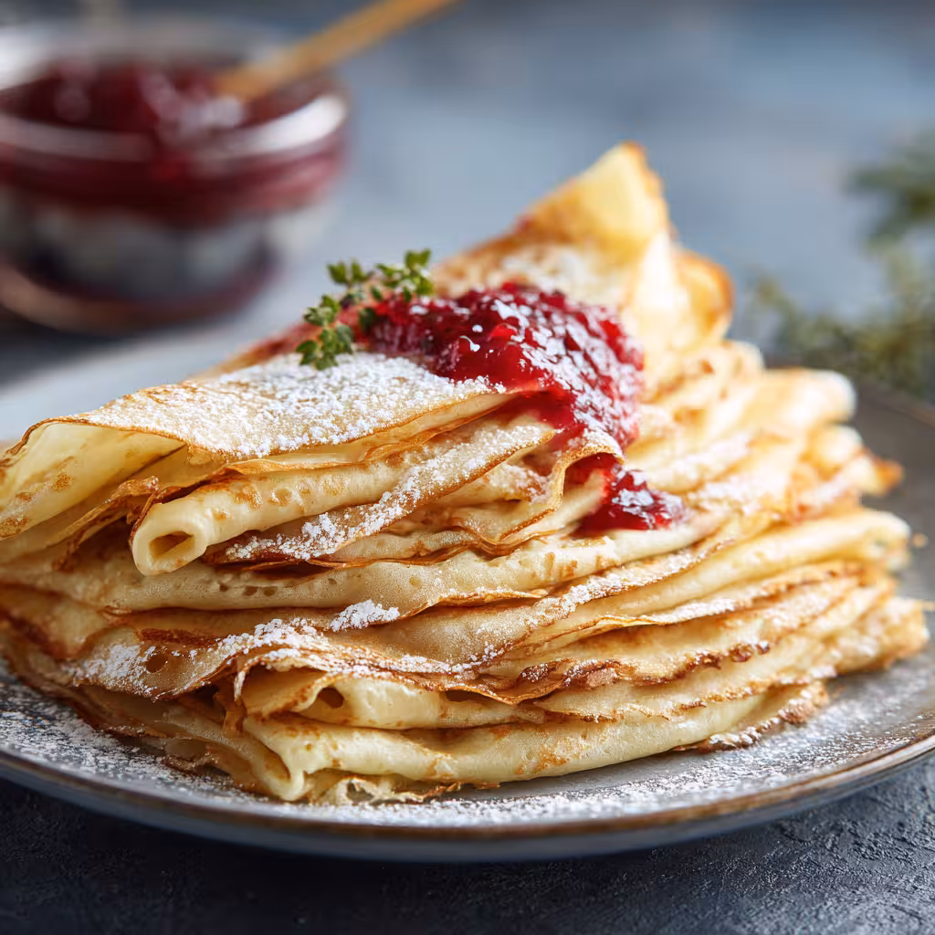 Ingredients for Swedish pancakes arranged in ceramic bowls on a white countertop