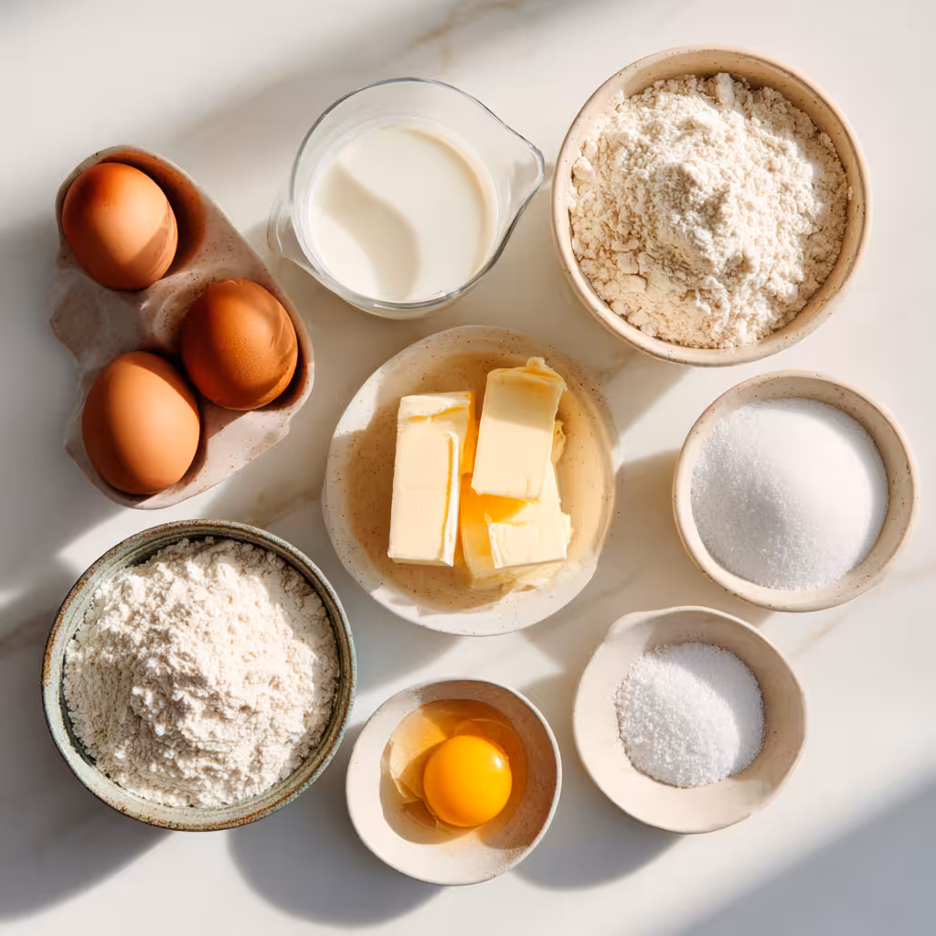 Ingredients for Swedish pancakes arranged in ceramic bowls on a white countertop