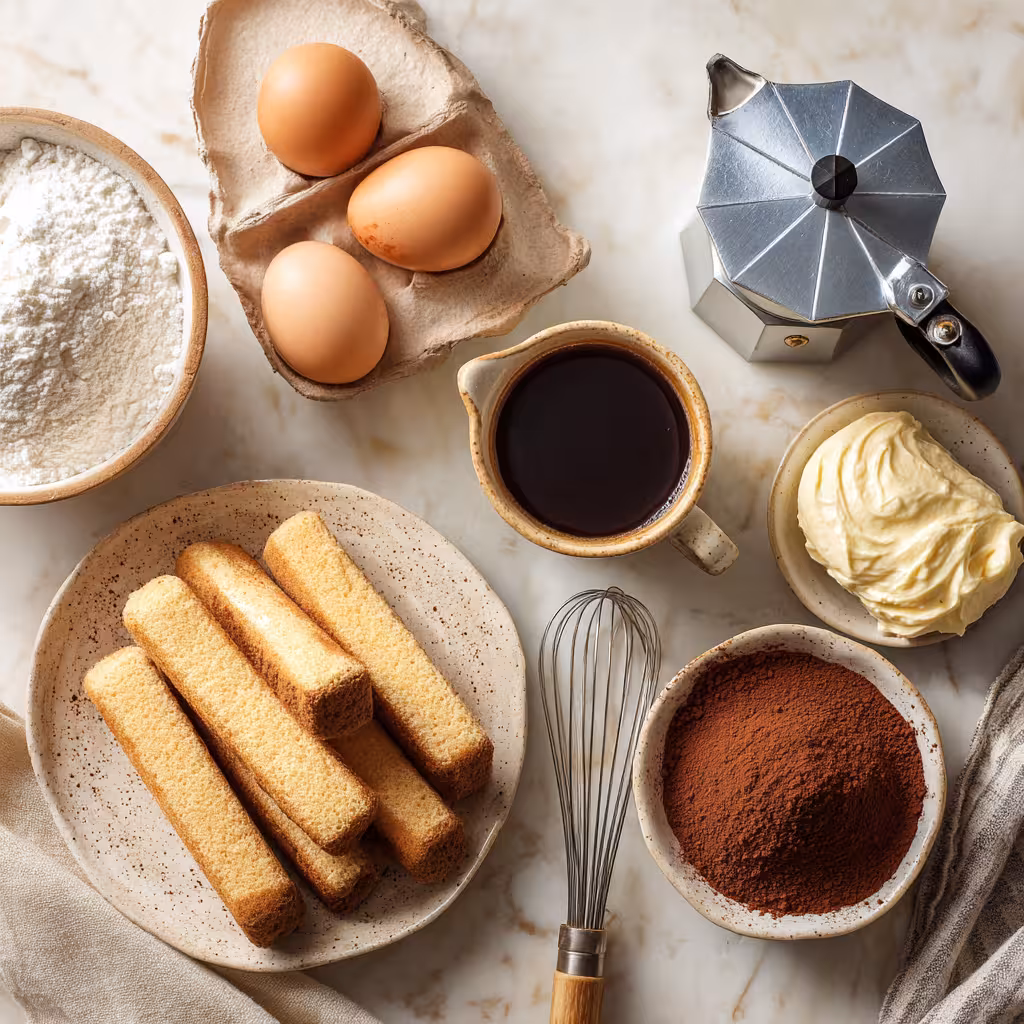 Tiramisu ingredients including mascarpone, eggs, ladyfingers, and espresso on a marble surface