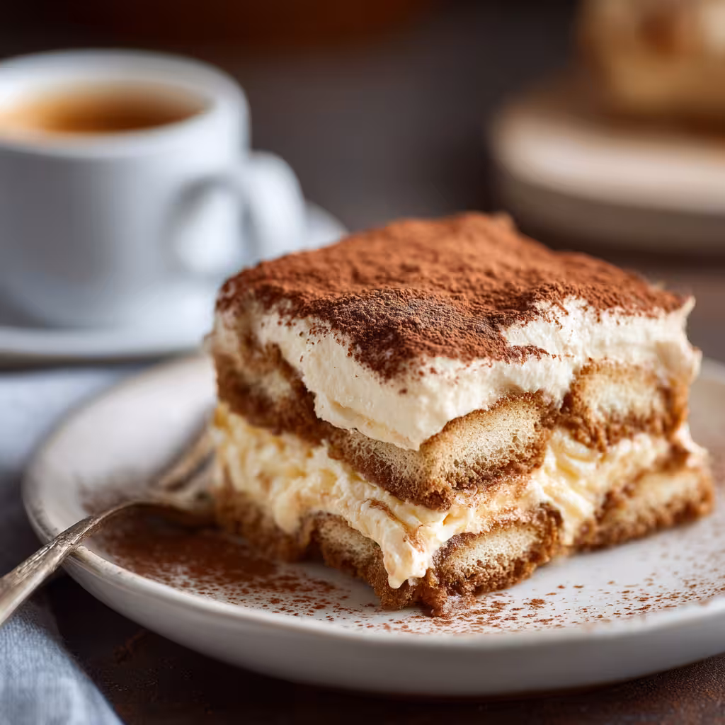 Slice of homemade tiramisu on a ceramic plate with cocoa dusting