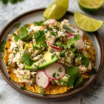 Tuna Tostadas Recipe with avocado and radish on a plate