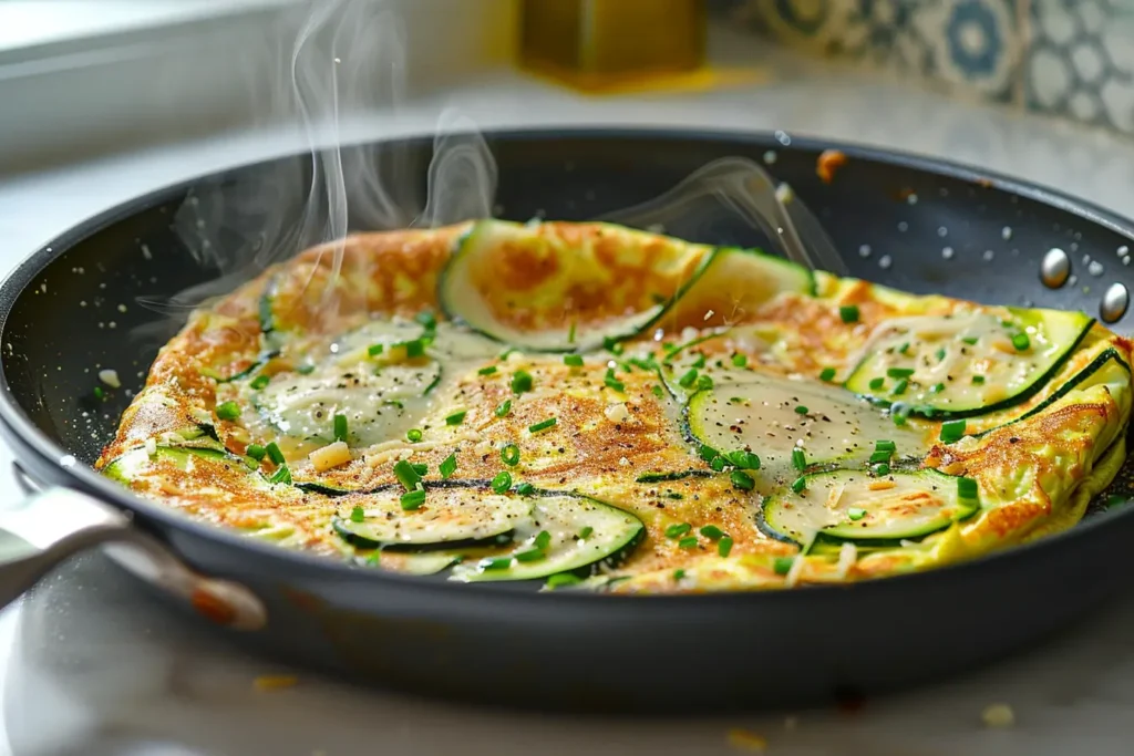 Fluffy zucchini omelet in skillet, golden edges, Parmesan and chives, sunlit Moroccan‑style kitchen